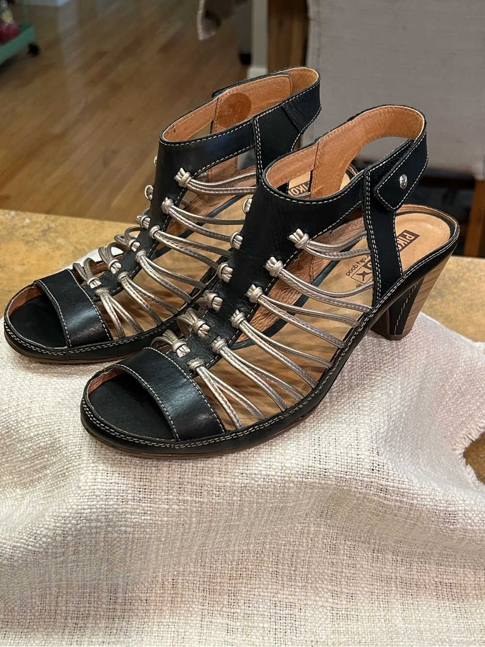 PIKOLINOS Black & Metallic Strappy Block Heel Sandals